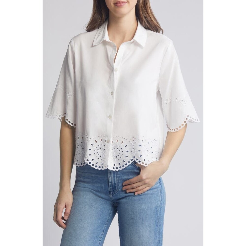 Beachlunchlounge Women's White Eyelet Scalloped Blouse Coastal Embroidered M